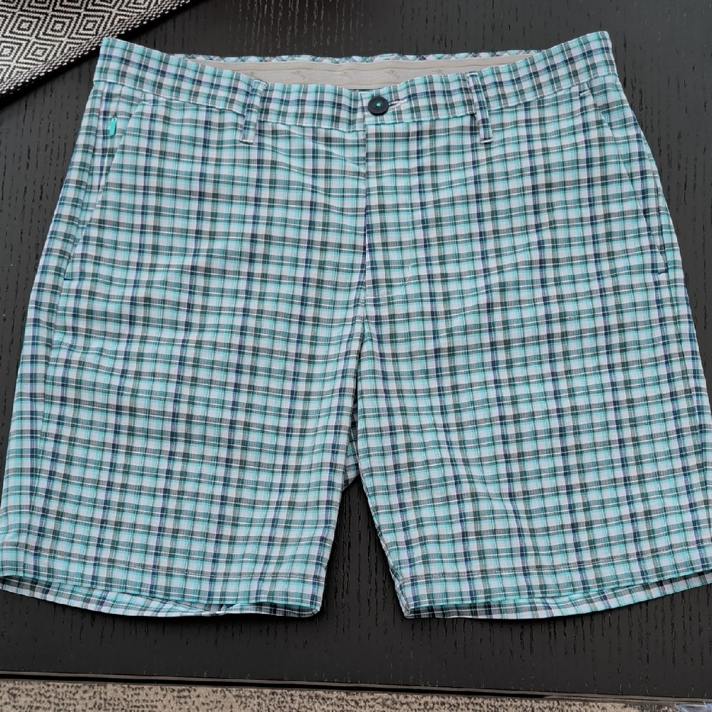 New Tommy Bahama Mens Plaid Shorts Blue Grey Checked 34 NWOT Stretch